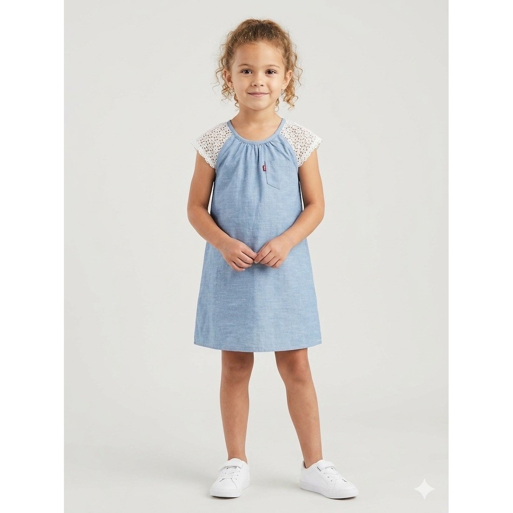 NWT Levis Girls Blue Chambray Dress Crochet Lace Sleeve Cotton Size 6X 6-7 YRS